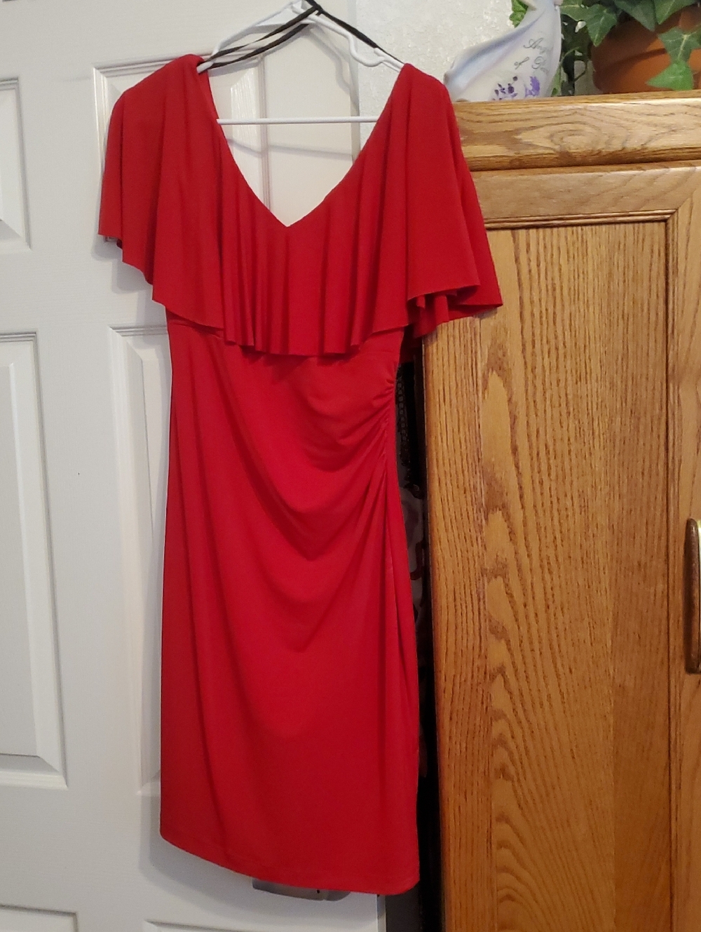 Red V-Neck Midi Dress with Flutter Overlay